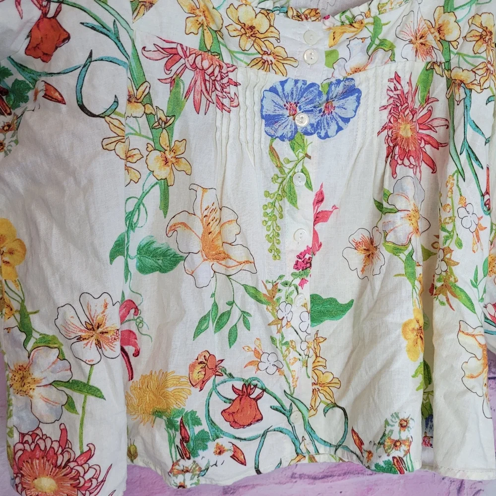 LAURA ASHELY LINEN BLEND BUTTON FRONT FLORAL PRINTED PUFF SLEEVE BOHO BLOUSE L - Picture 4 of 12